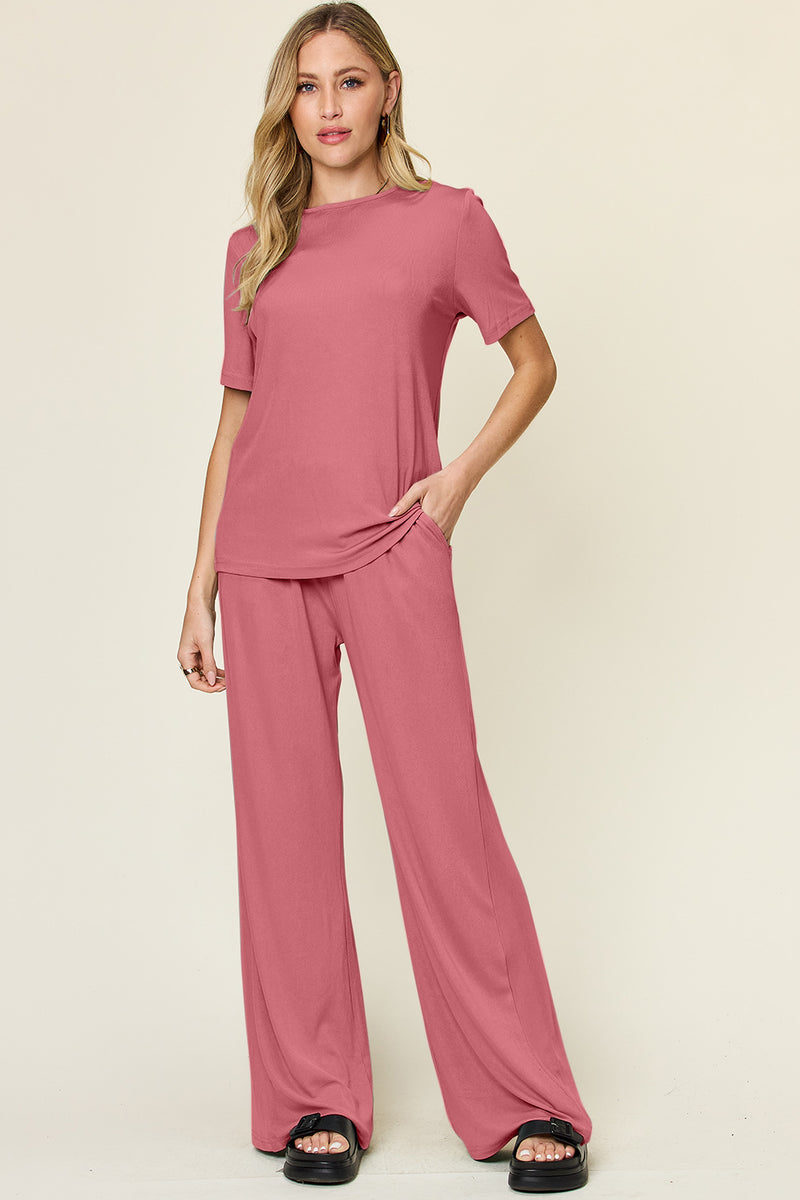 Double Take Full Size Round Neck Short Sleeve T-Shirt and Wide Leg Pants Set Coral