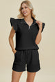 Double Take Full Size Texture Flounce Sleeve Top and Shorts Set Black