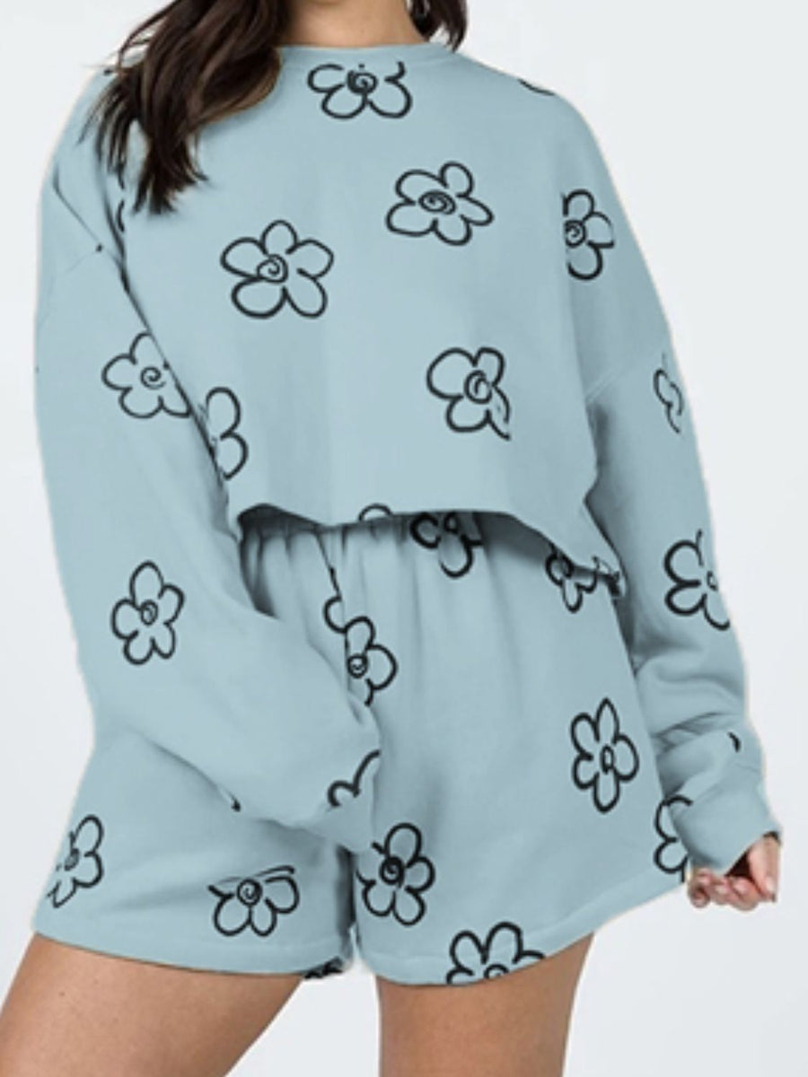 Floral Dropped Shoulder Sweatshirt and Shorts Set Teal