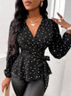 Heart Print Surplice Balloon Sleeve Blouse Black