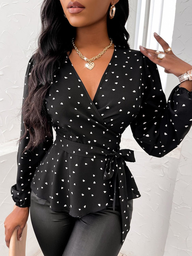 Heart Print Surplice Balloon Sleeve Blouse Black