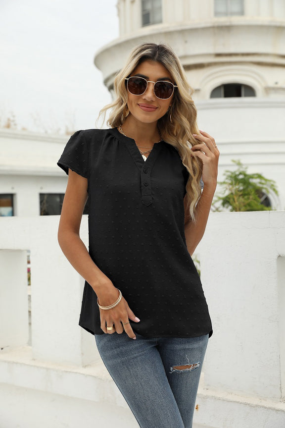 Swiss Dot Notched Neck Short Sleeve Top Black