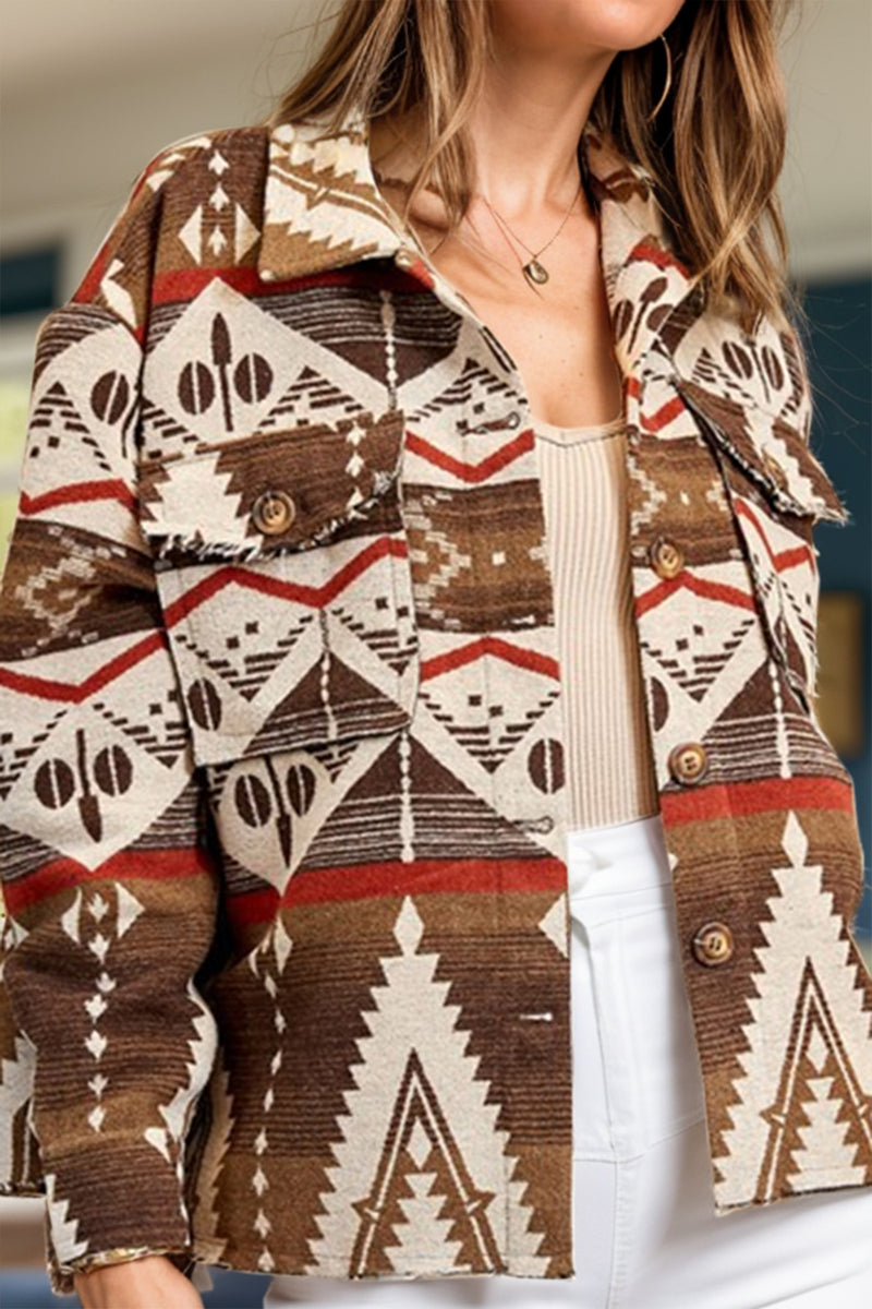 Geometric Button Up Long Sleeve Jacket Caramel