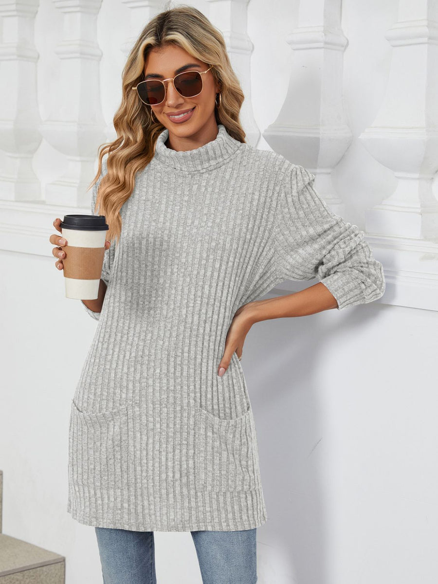 Ribbed Mock Neck Long Sleeve T-Shirt Light Gray