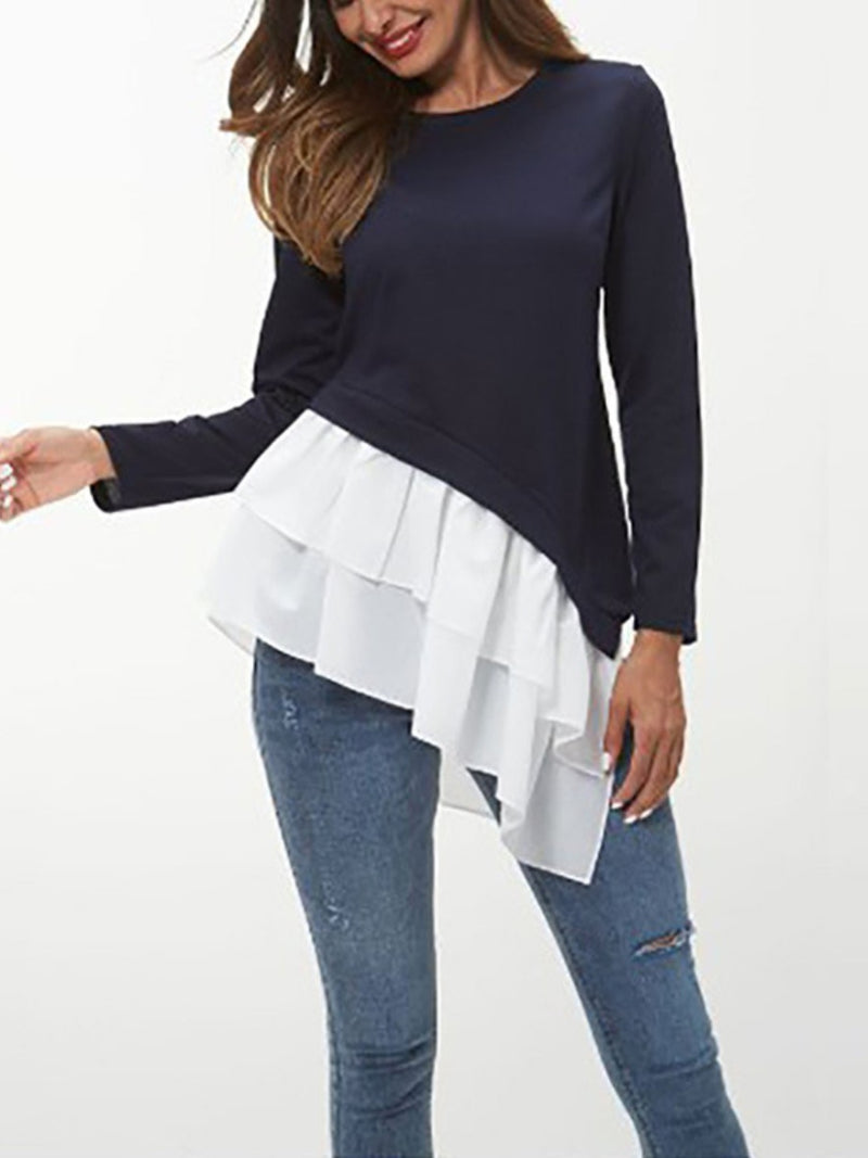 Ivy Lane Tiered Contrast Round Neck Long Sleeve T-Shirt Black