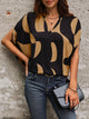Perfee Printed Notched Slit Half Sleeve Blouse Black