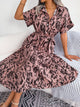 Printed Collared Neck Short Sleeve Tie Waist Dress Dusty Pink