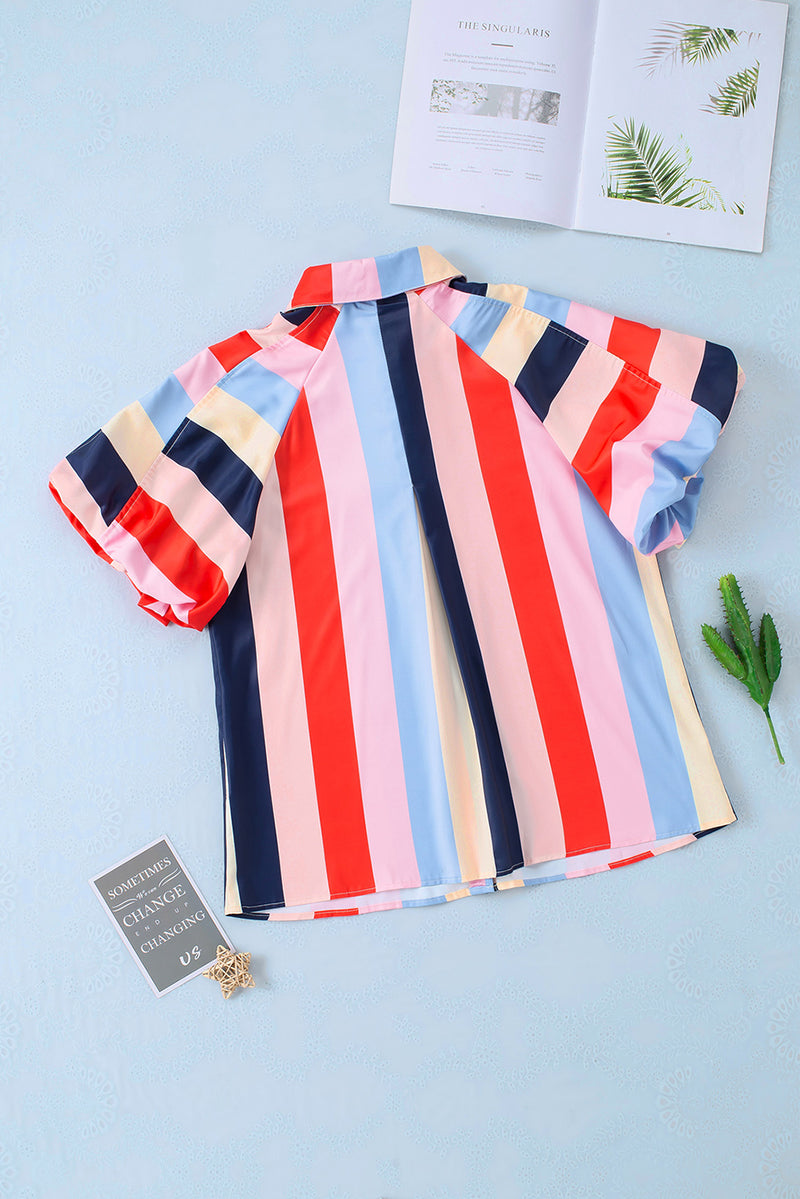 Color Block Button Up Balloon Sleeve Shirt