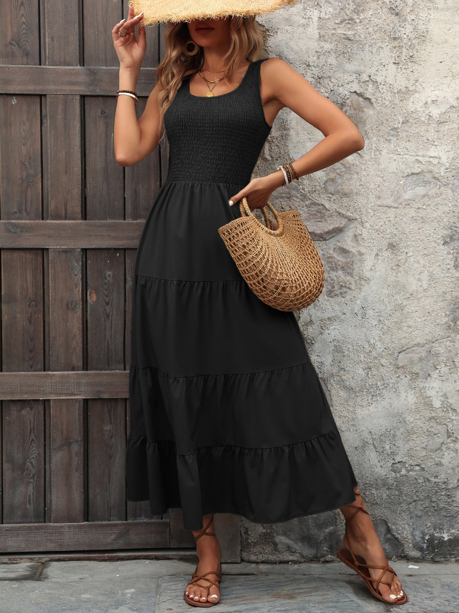 Smocked Scoop Neck Sleeveless Tank Dress Black