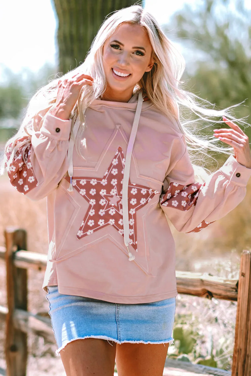 Drawstring Star Long Sleeve Hoodie Dusty Pink