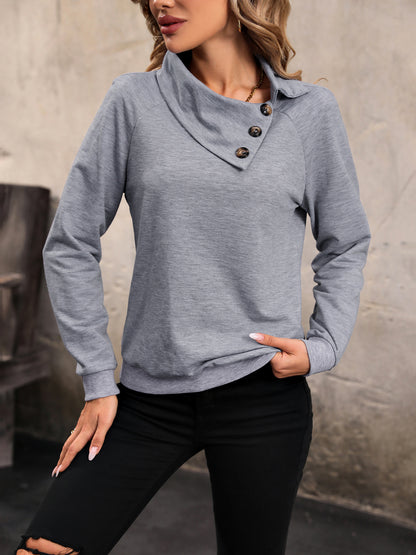 Perfee Mock Neck Raglan Sleeve Buttoned Sweatshirt Cloudy Blue