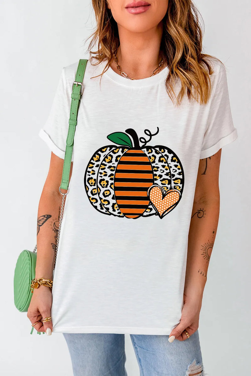 Pumpkin Graphic Round Neck Short Sleeve T-Shirt White