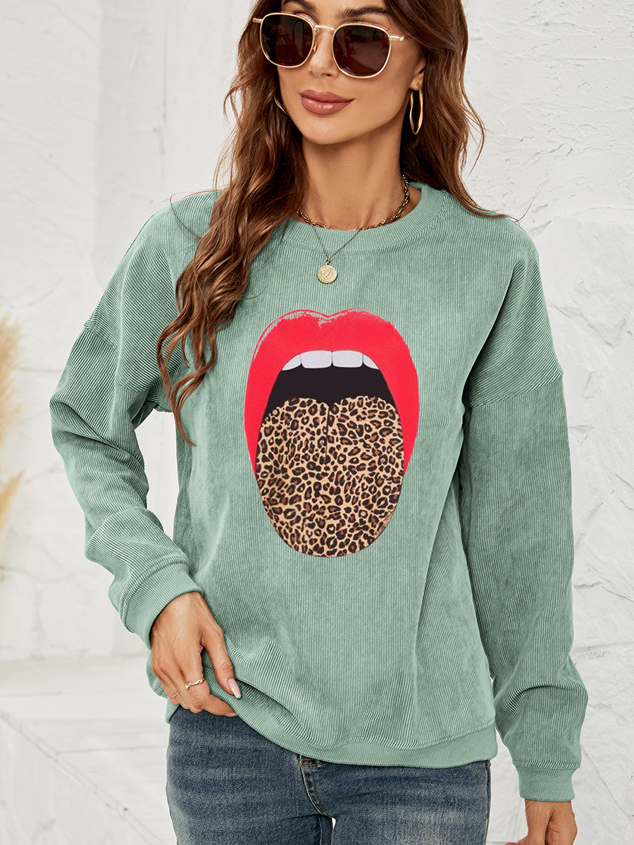 Round Neck Dropped Shoulder MAMA Graphic Sweatshirt Light Green