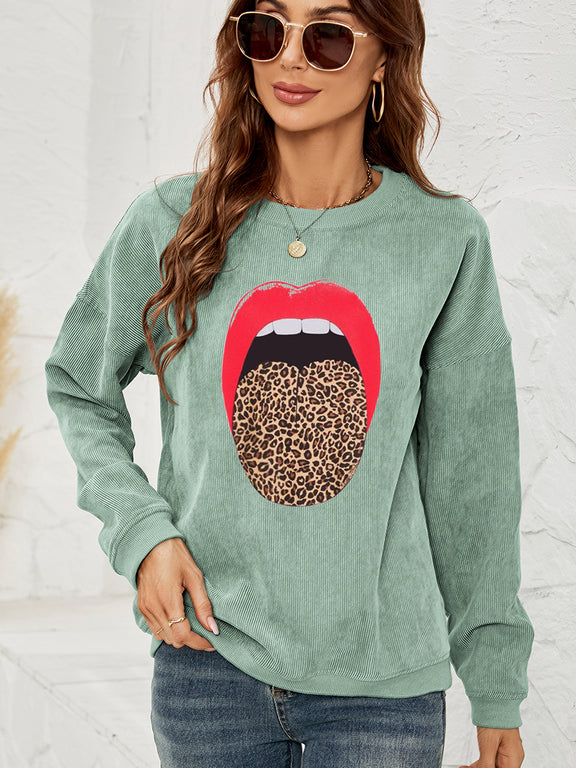 Round Neck Dropped Shoulder MAMA Graphic Sweatshirt Light Green