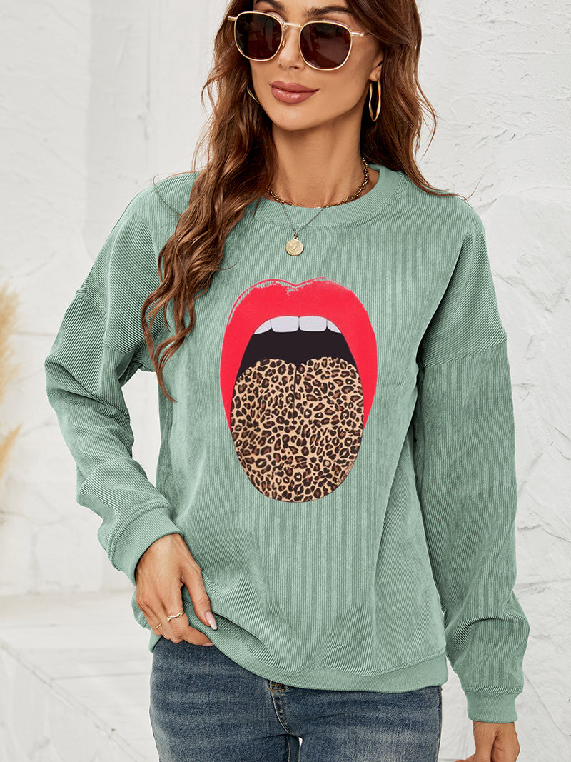 Round Neck Dropped Shoulder MAMA Graphic Sweatshirt Light Green