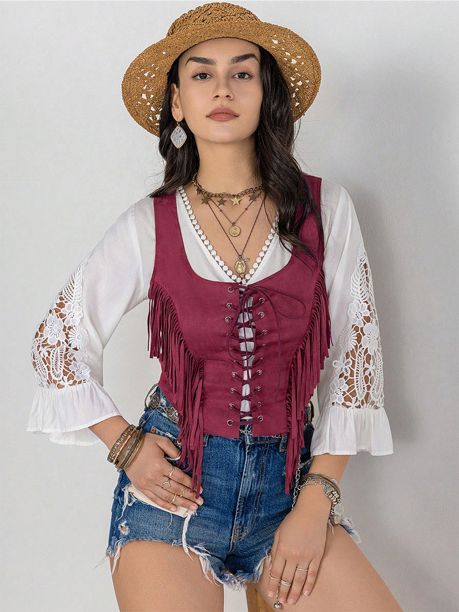 Fringe Lace-Up Vest Cerise