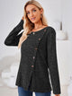 Ribbed Buttoned Round Neck Slit T-Shirt Black