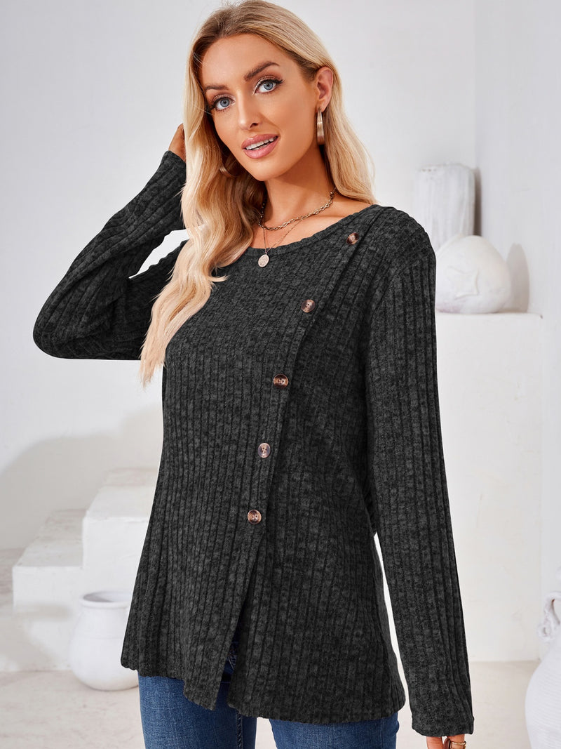 Ribbed Buttoned Round Neck Slit T-Shirt Black
