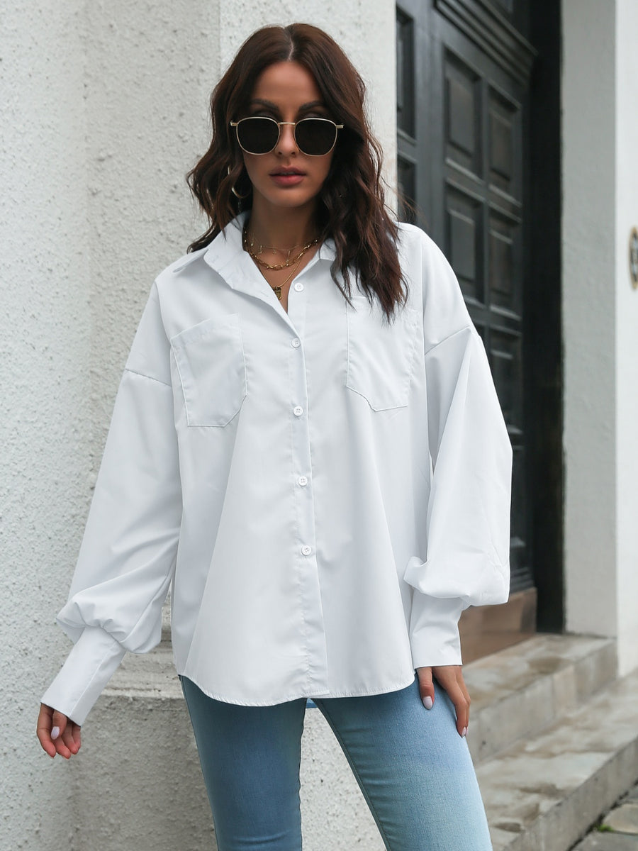 Collared Neck Dropped Shoulder Buttoned Shirt White