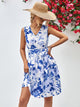 Floral V-Neck Tie Waist Sleeveless Dress Blue