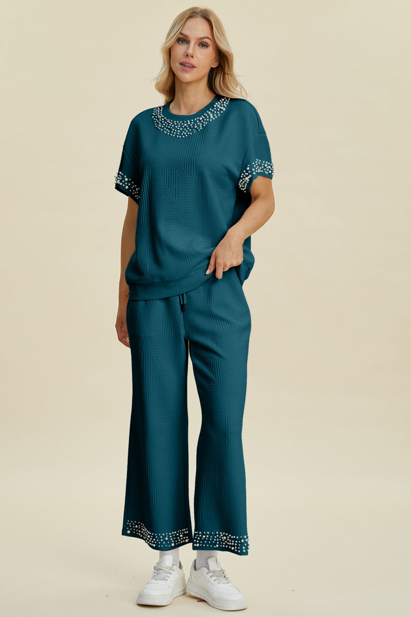 Double Take Full Size Pearl Detail Round Neck Top and Pants Set Deep Teal
