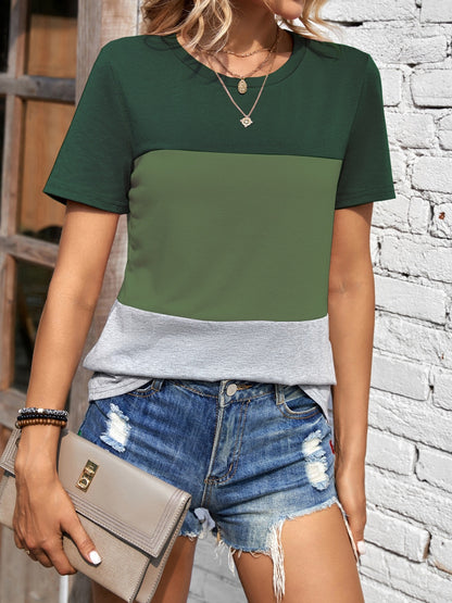 Color Block Round Neck Short Sleeve T-Shirt Moss