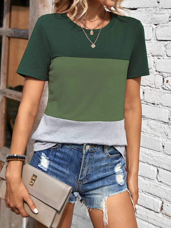 Color Block Round Neck Short Sleeve T-Shirt Moss