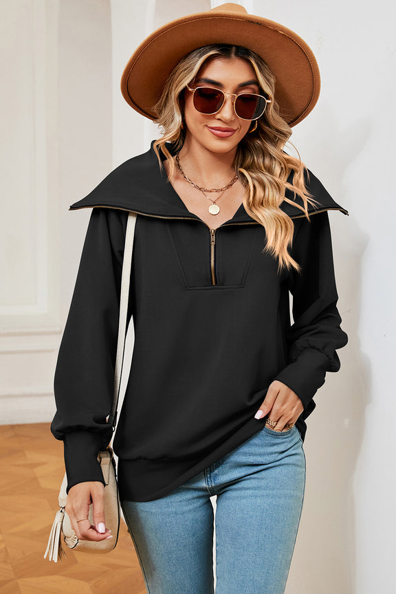 Half Zip Lantern Sleeve Sweatshirt Black