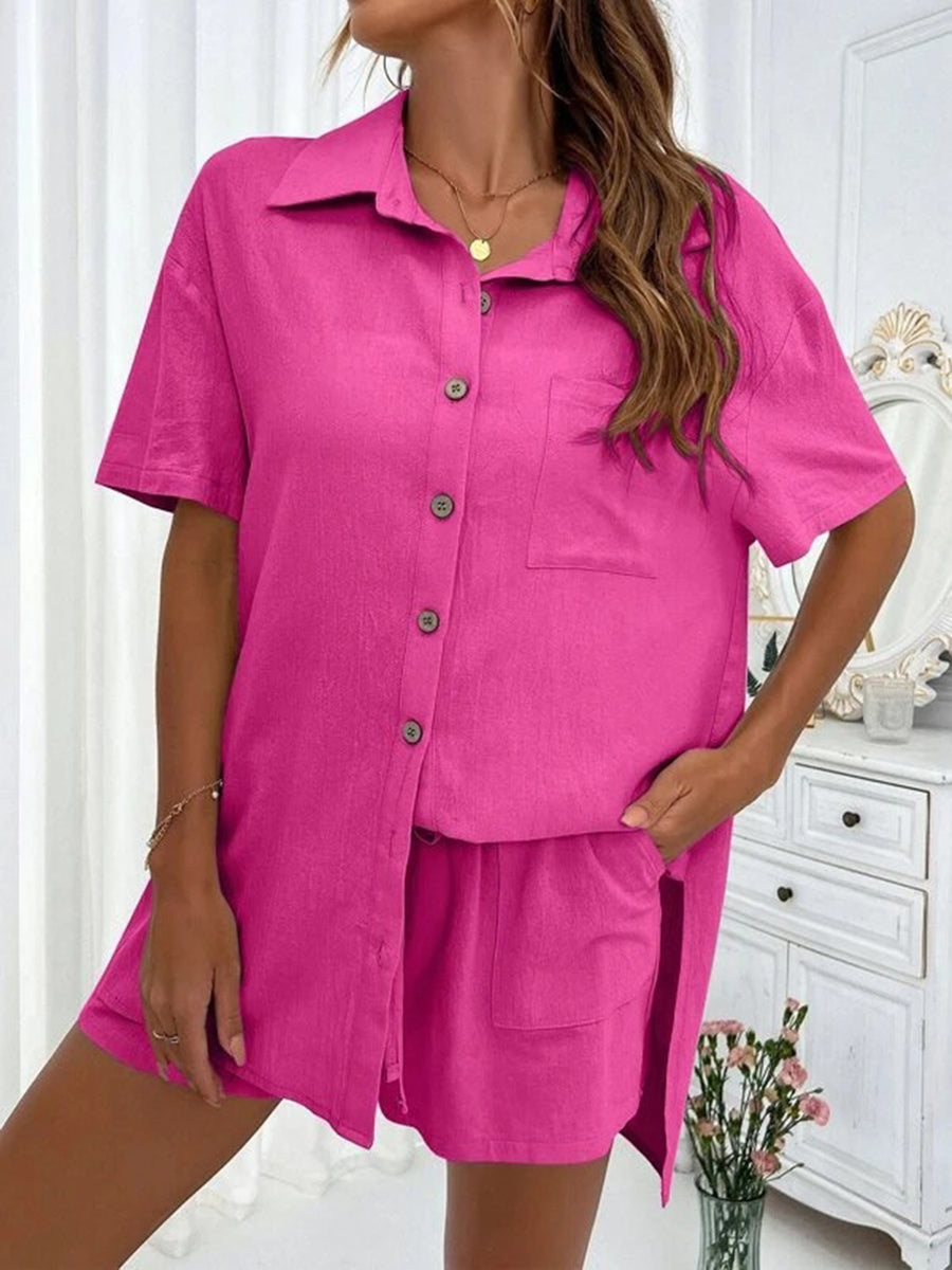 Button Up Shirt and Drawstring Shorts Set Hot Pink