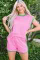 Contrast Trim Round Neck Top and Shorts Set Pink