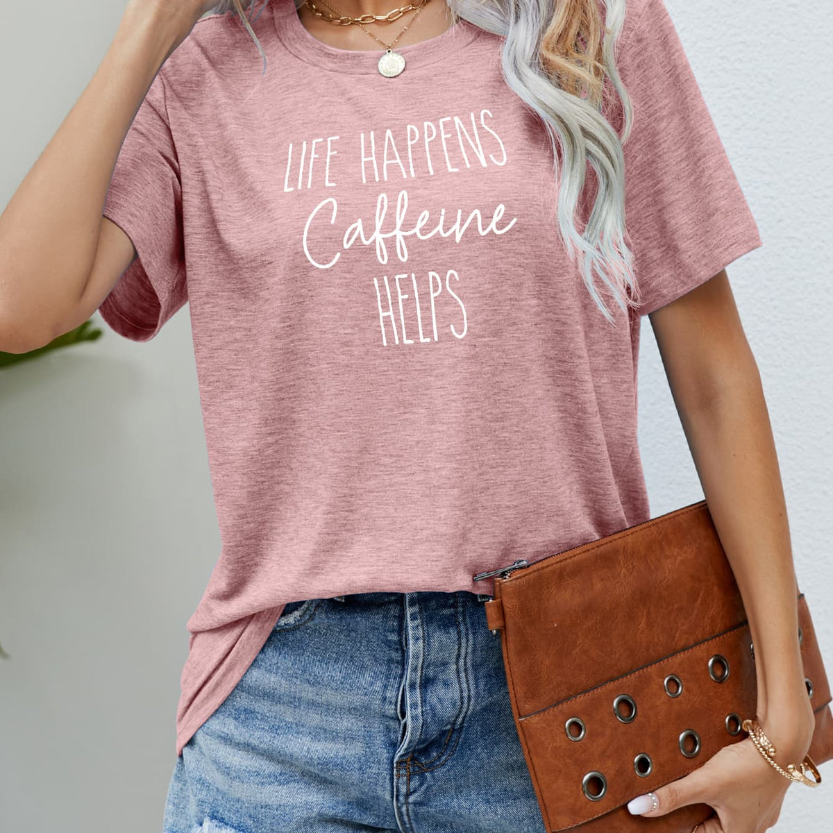 LIFE HAPPENS CAFFEINE HELPS Graphic Tee Blush Pink