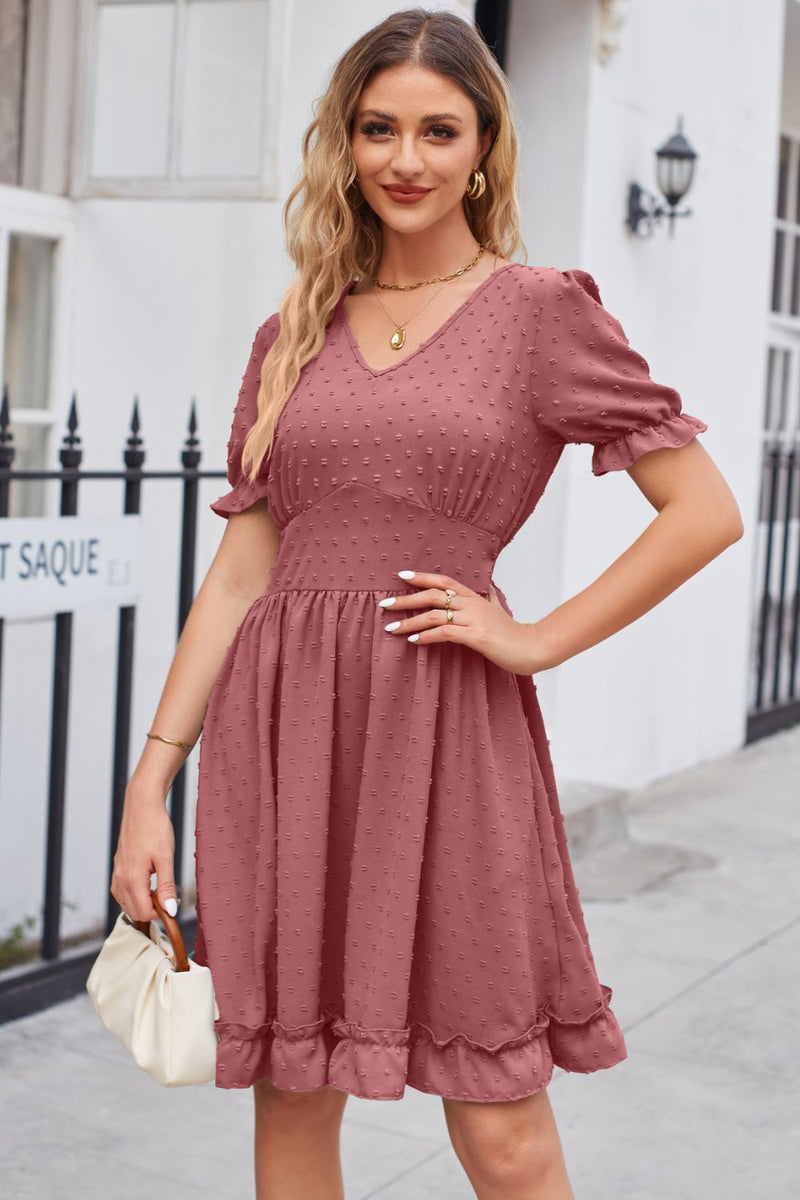 Swiss Dot Frill Trim Flounce Sleeve V-Neck Dress Dusty Pink