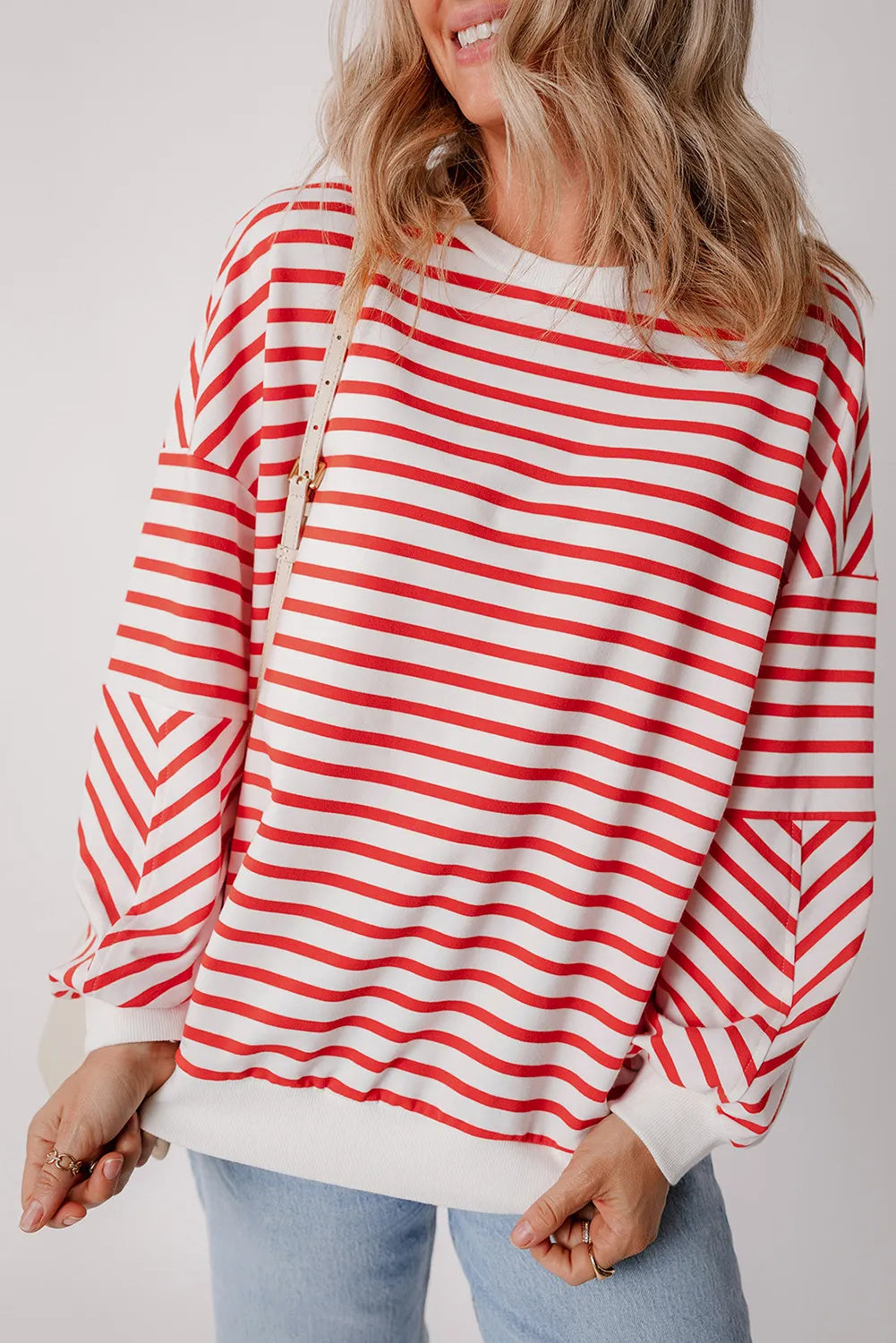 Striped Dropped Shoulder Long Sleeve Sweatshirt Deep Red
