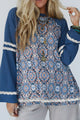 Lace Detail Geometric Round Neck Long Sleeve Top Dusty Blue