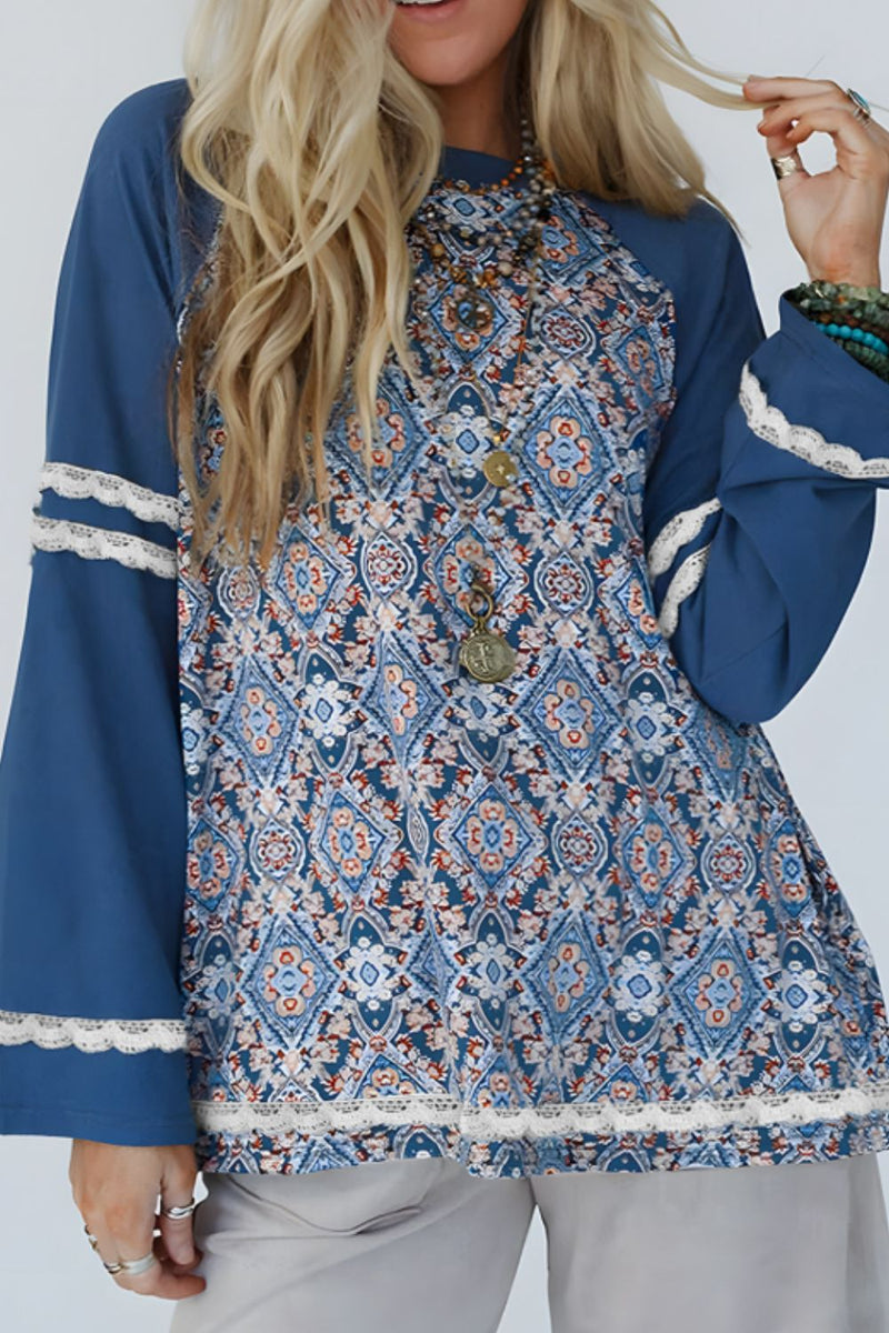 Lace Detail Geometric Round Neck Long Sleeve Top Dusty Blue