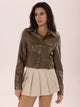 Collared Neck Snap Down Long Sleeve Jacket Coffee Brown