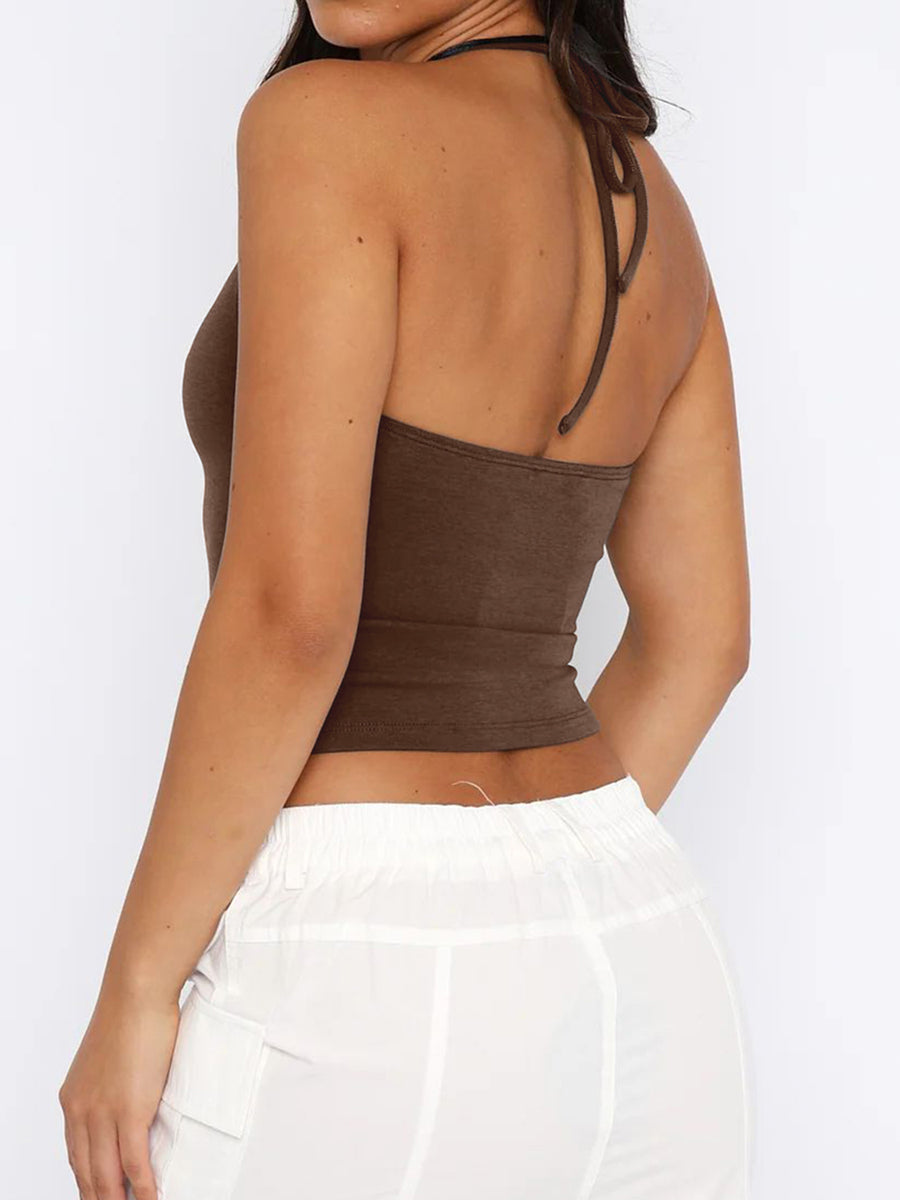 Lace Detail Halter Neck Cami Chocolate