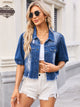 Distressed Raw Hem Button Up Denim Jacket Dark Blue