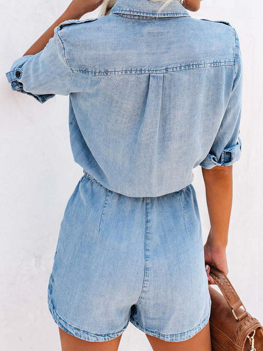 Drawstring Half Button Half Sleeve Denim Romper