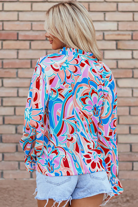 Printed Notched Flounce Sleeve Blouse