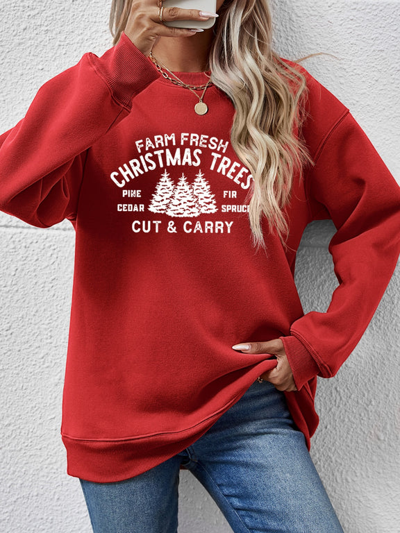 Round Neck Graphic Long Sleeve Sweatshirt Deep Red