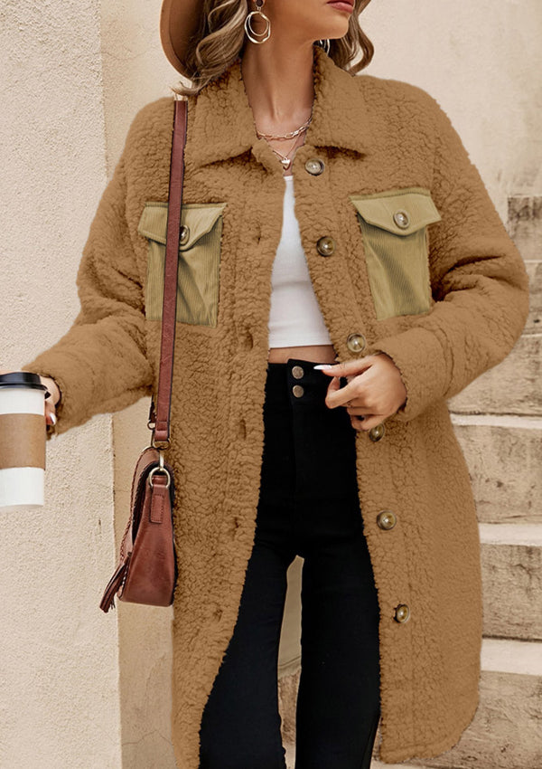 Collared Neck Long Sleeve Longline Teddy Jacket Taupe