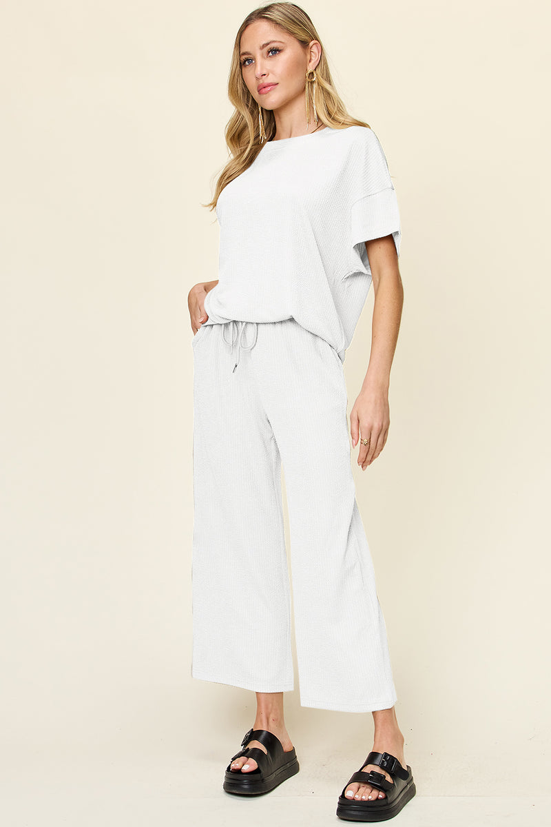 Double Take Full Size Texture Round Neck Short Sleeve T-Shirt and Wide Leg Pants White