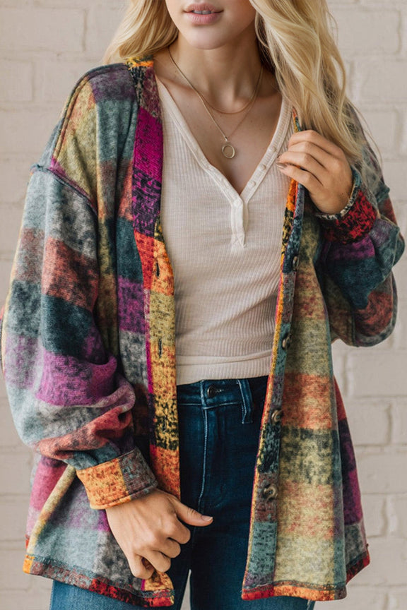 Double Take Full Size Exposed Seam Button Up Fleece Shacket Multicolored