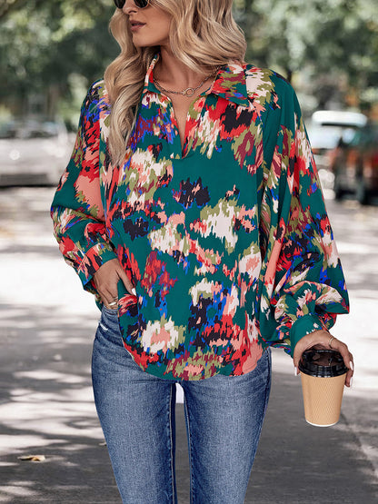 Perfee Printed Johnny Collar Long Sleeve Blouse