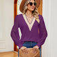 Contrast V-Neck Long Sleeve Blouse