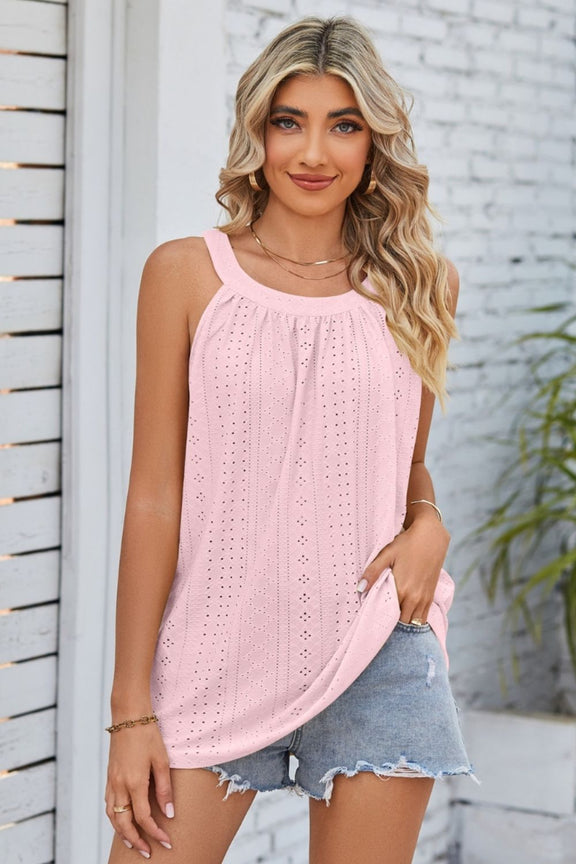 Openwork Round Neck Wide Strap Tank Blush Pink