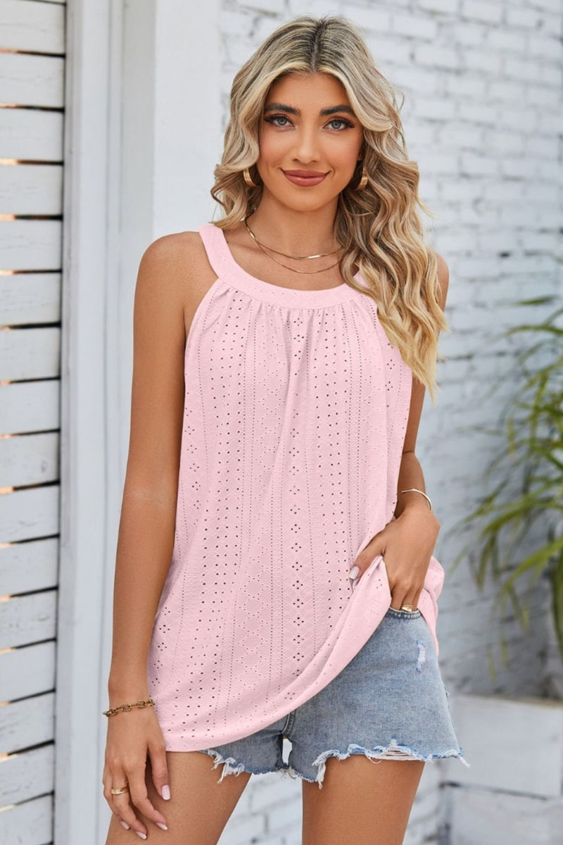 Openwork Round Neck Wide Strap Tank Blush Pink
