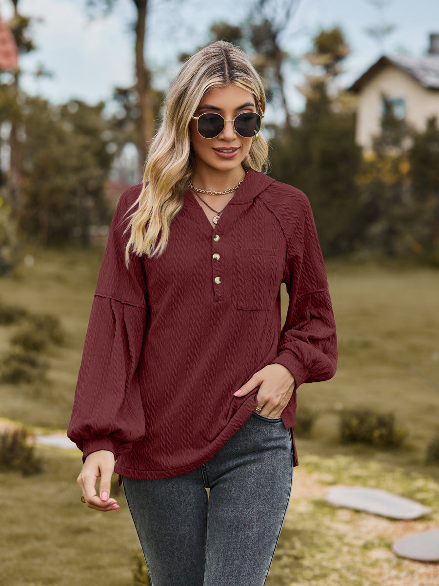 Cable-Knit Dropped Shoulder Hoodie Wine