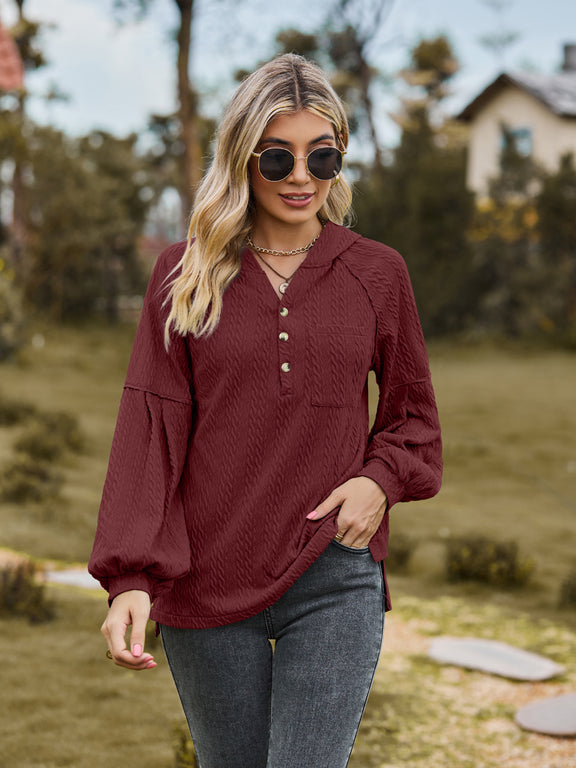 Cable-Knit Dropped Shoulder Hoodie Wine